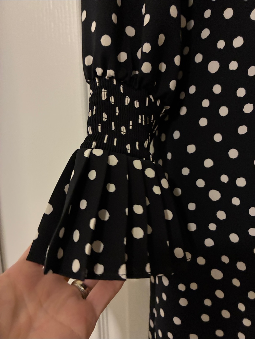 CHICO'S Polka Dot Shirtdress | Smocked Ruffle Cuffs & Long Sleeve | Black/White - Picture 4 of 7
